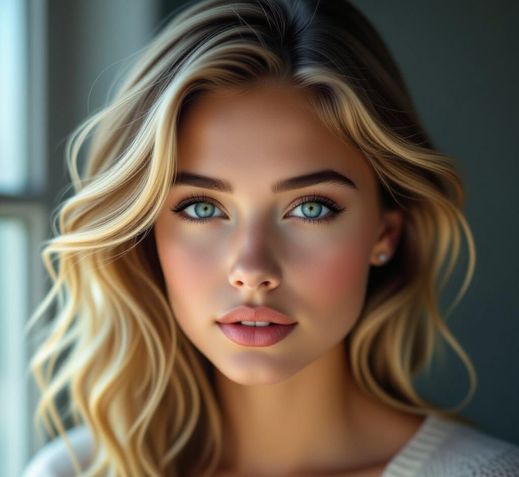 Beautiful Blonde-Brunette Girl with Wavy Hair