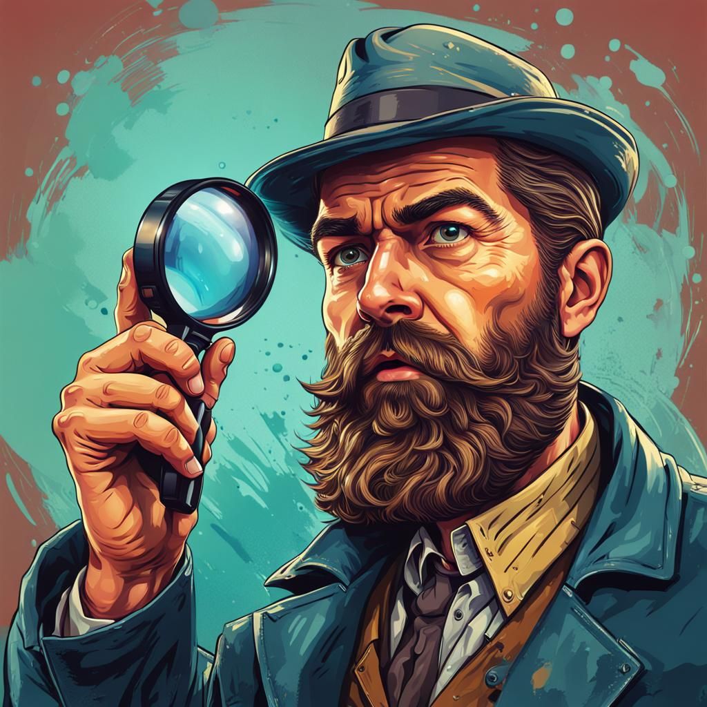 bearded detective with a magnifying glass in his hand