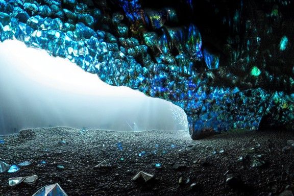 Cave filled with crystals, reflections in crystals, epic, si...