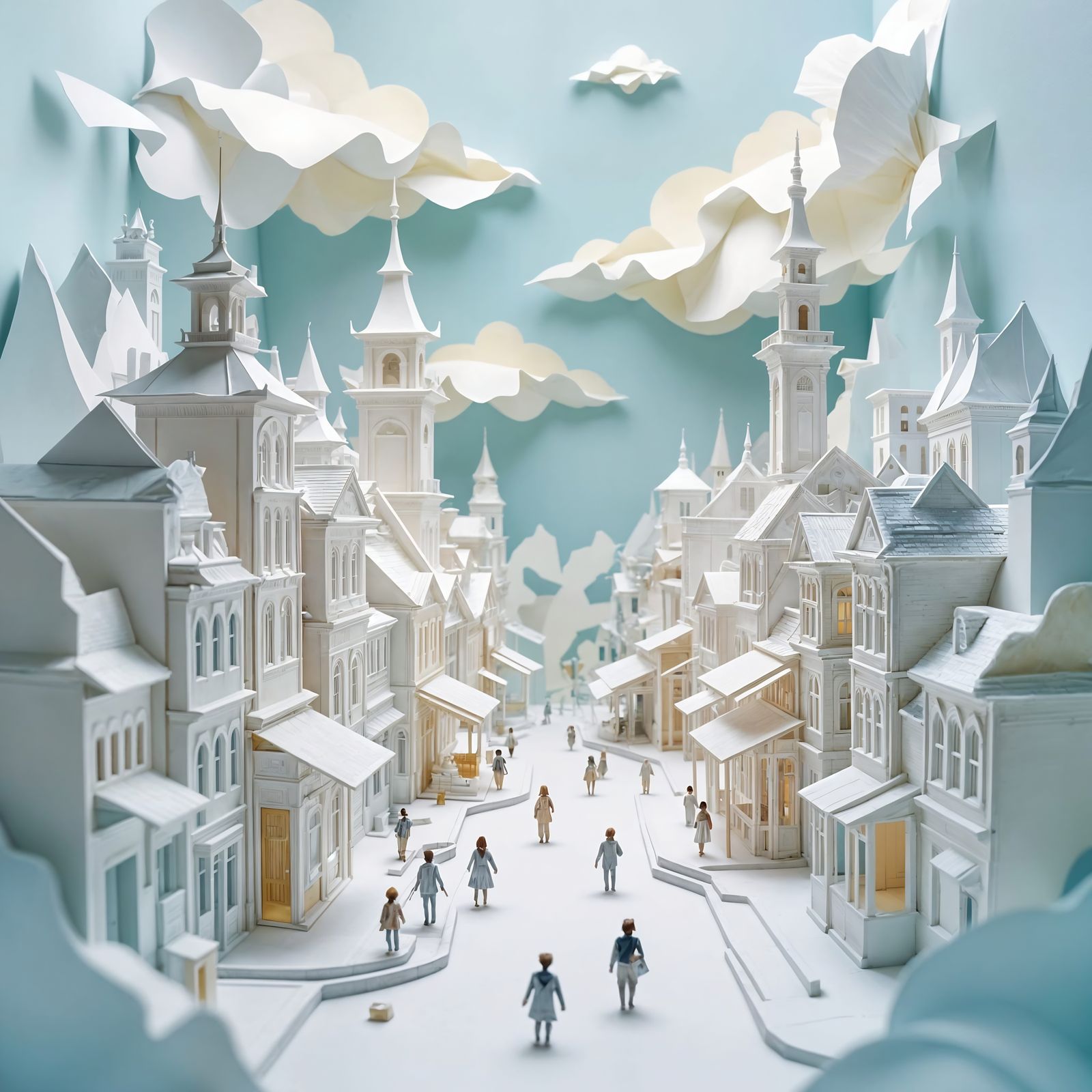 A surreal, dreamlike cityscape rendered entirely from layered and folded paper  by @MARIUS CHIVU
