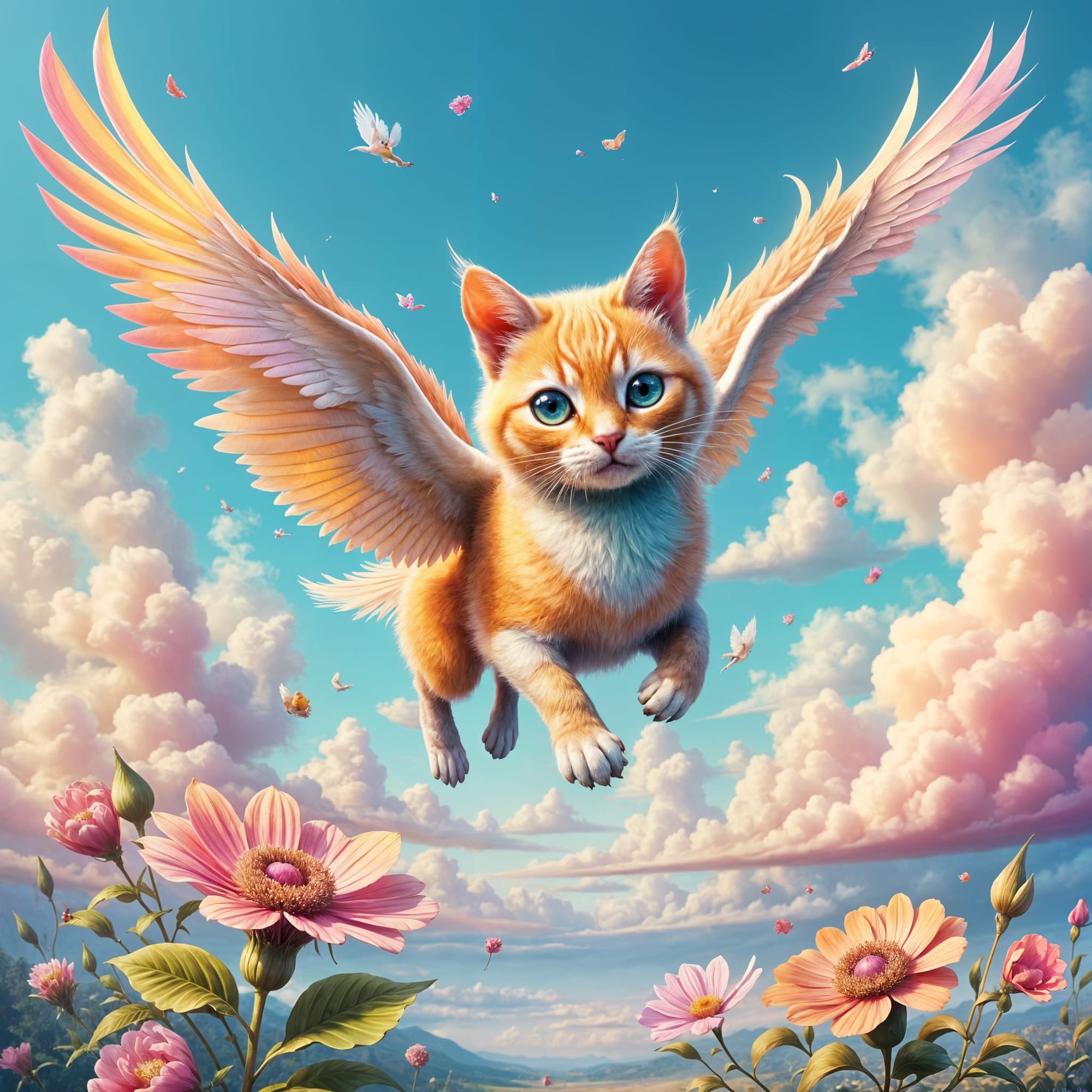 A whimsical cat-bird hybrid with iridescent plumage and delicate, feathered wings soars through a sky (1)  