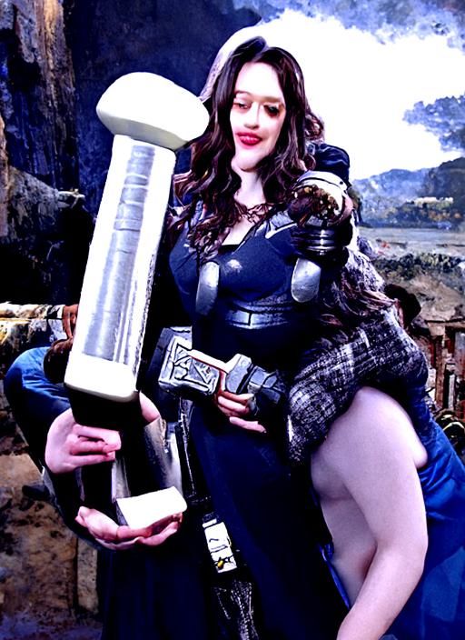 Kat Dennings holding Mjolnir between her huge bazongas
