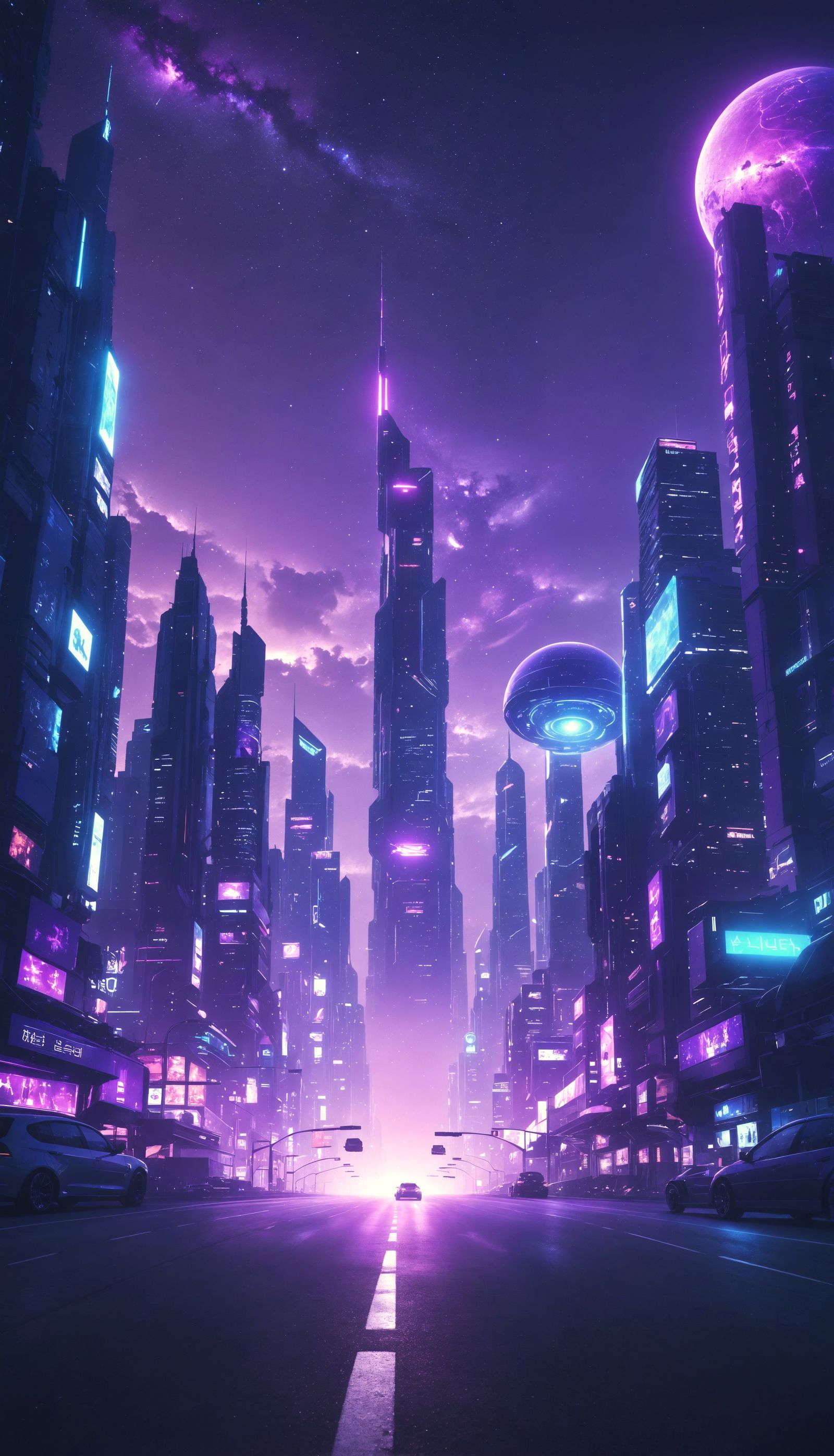 an empty road, the road goes straight towards a large futuri...