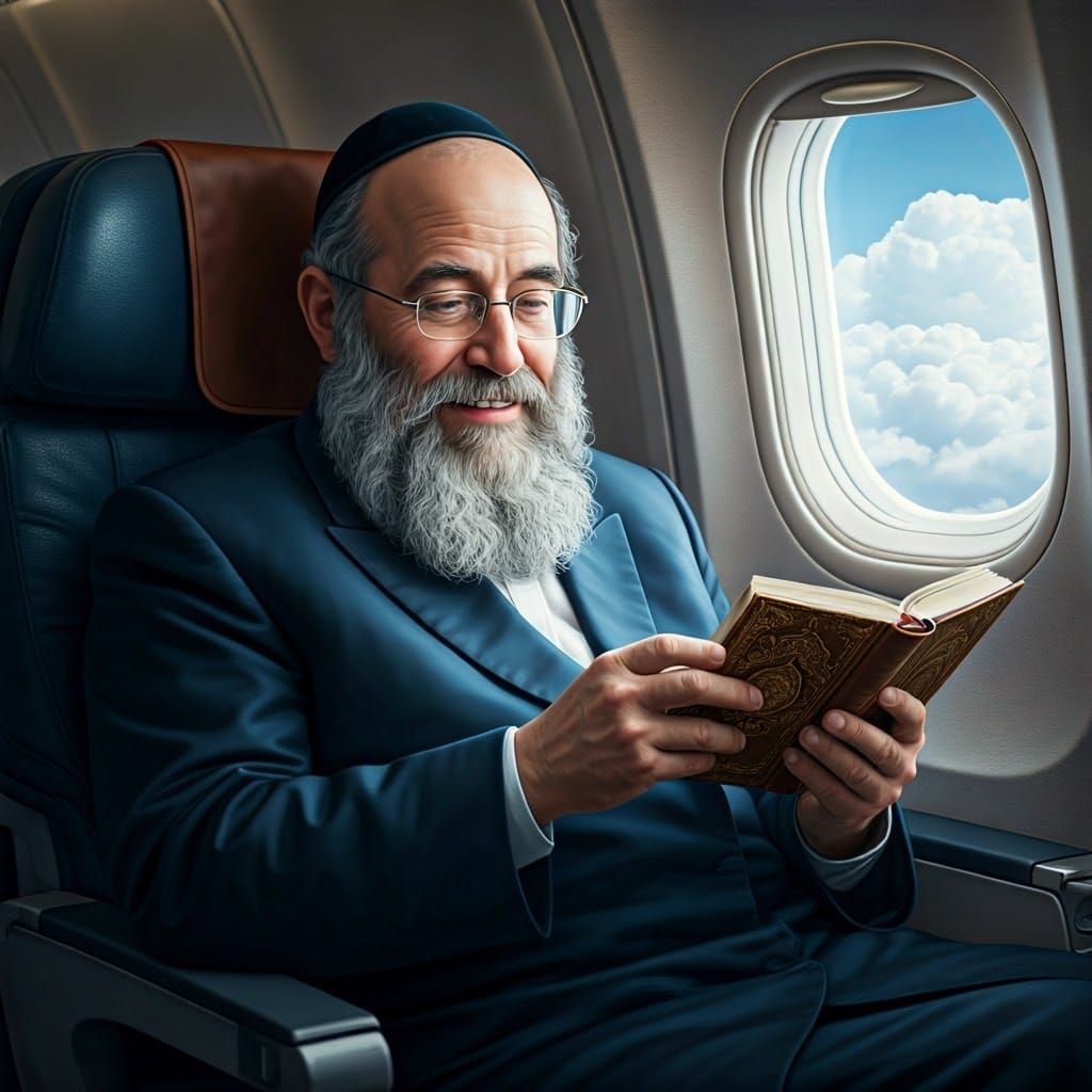Orthodox Jewish Man Reading on Airplane