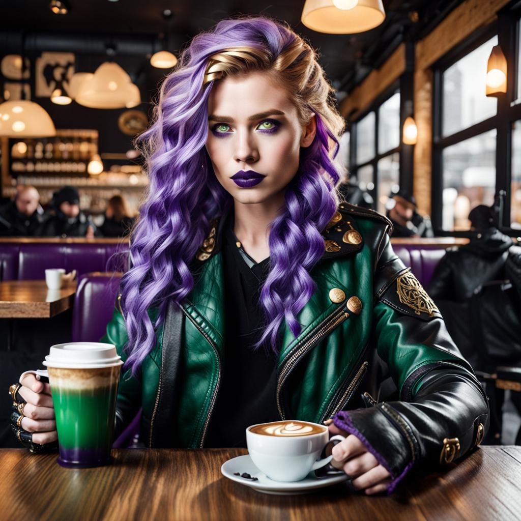 Valkyrie with Viking features, wavy golden hair that has pur...