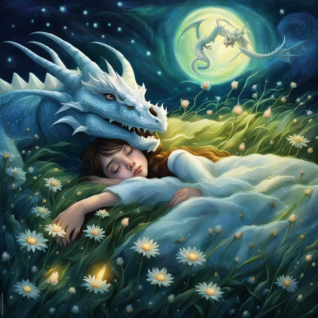 white dragon and girl sleeping together in the night in the green meadows 