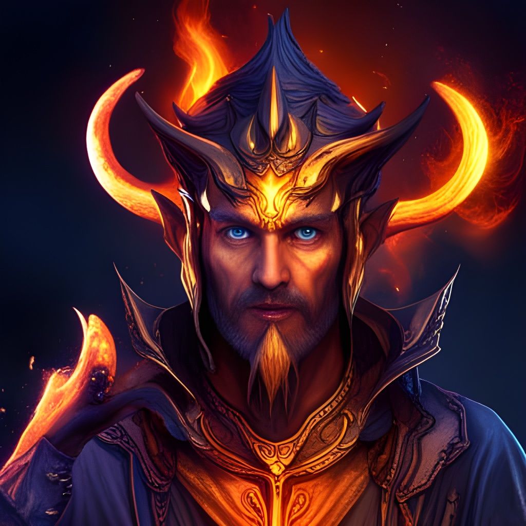a warlock in golden robes flames in his hands two horns on h...