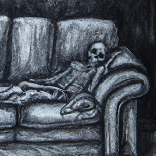 Rotting cadaver sitting on haunted living room couch, Hyper ...