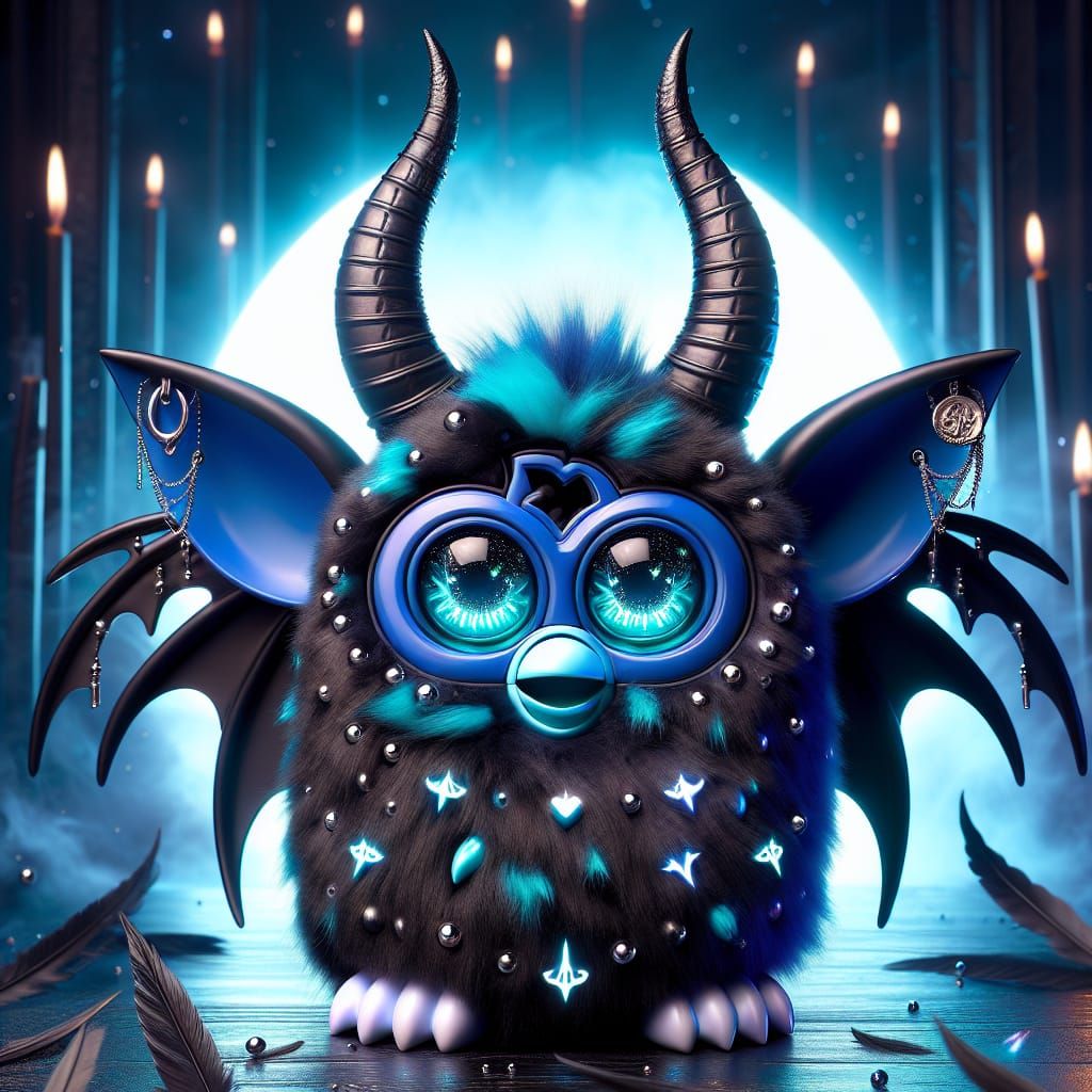 Hyper-realistic Cute black & blue Demon style Furby toy with horns ...