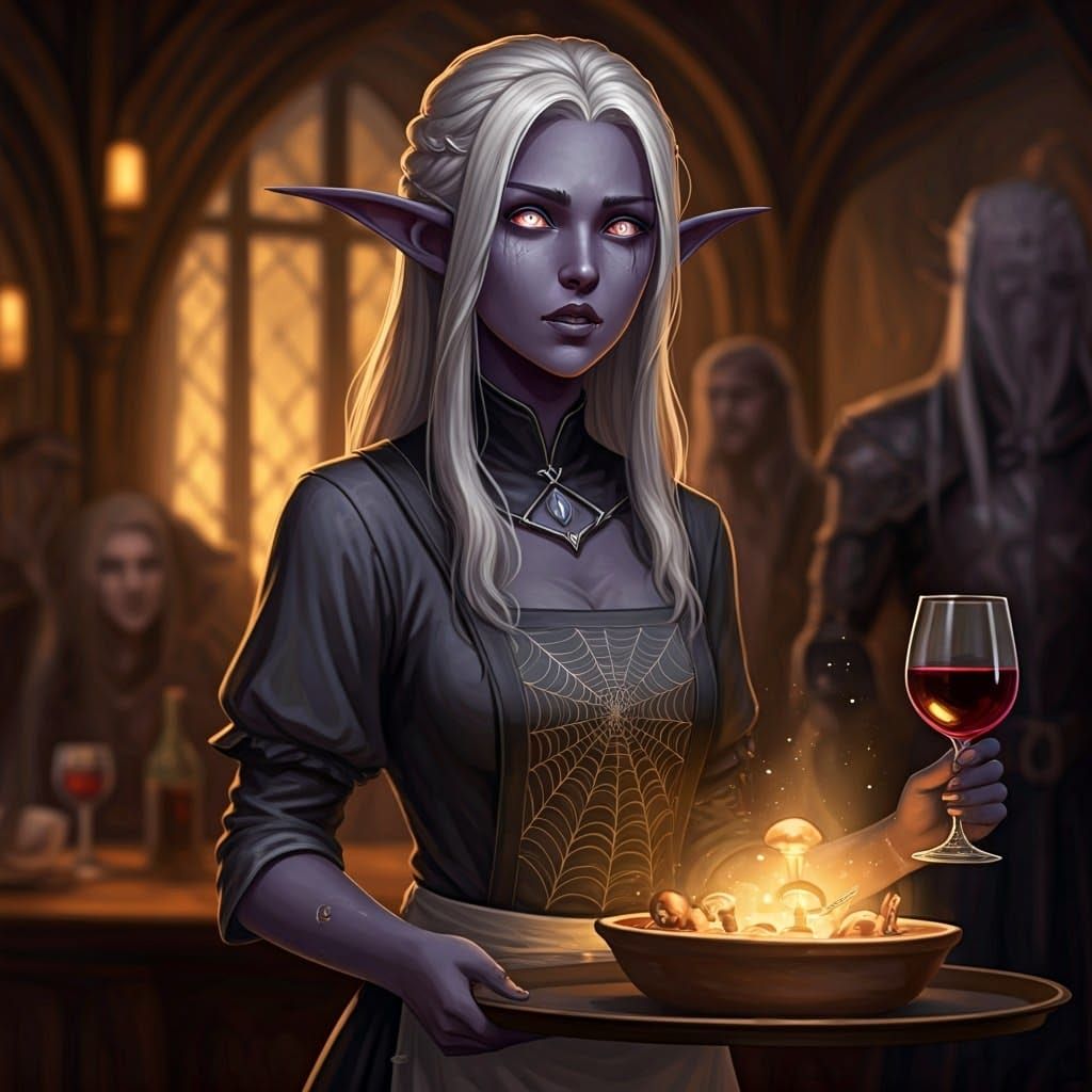 A young dark elf female waitress in a dimly lit tavern, wearing a simple dark gray tunic with a web-like lace apron, shoulder-length silver ...