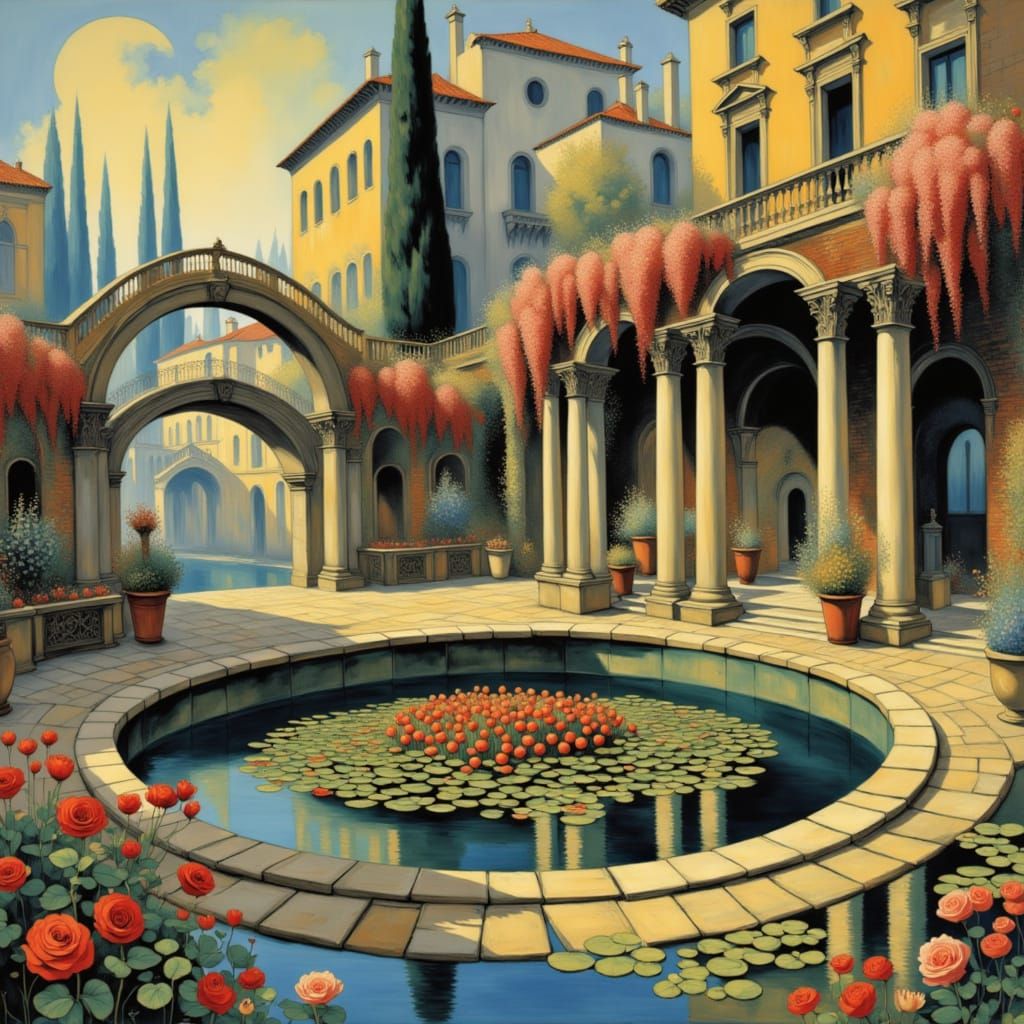 {<lora:SOS ALL EPOCHY EPOCH:1.0> ROMAN-GOTHIC-BAROQUE-MIX-CULUMNRUINS-SCAPE, ALONG GIANT-LILYPAD-IVY-FLOWER-GIANT-ROSE-SURROUND-STONEWAY-GOT...