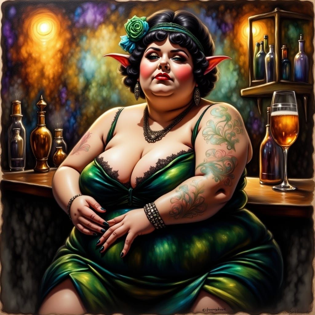 1920s fat flapper Goblin woman in a speakeasy <lora:FullColor Flux:1.0> Alcohol ink, Oil paint, deep saturation, high contrast, fantasy, mag...