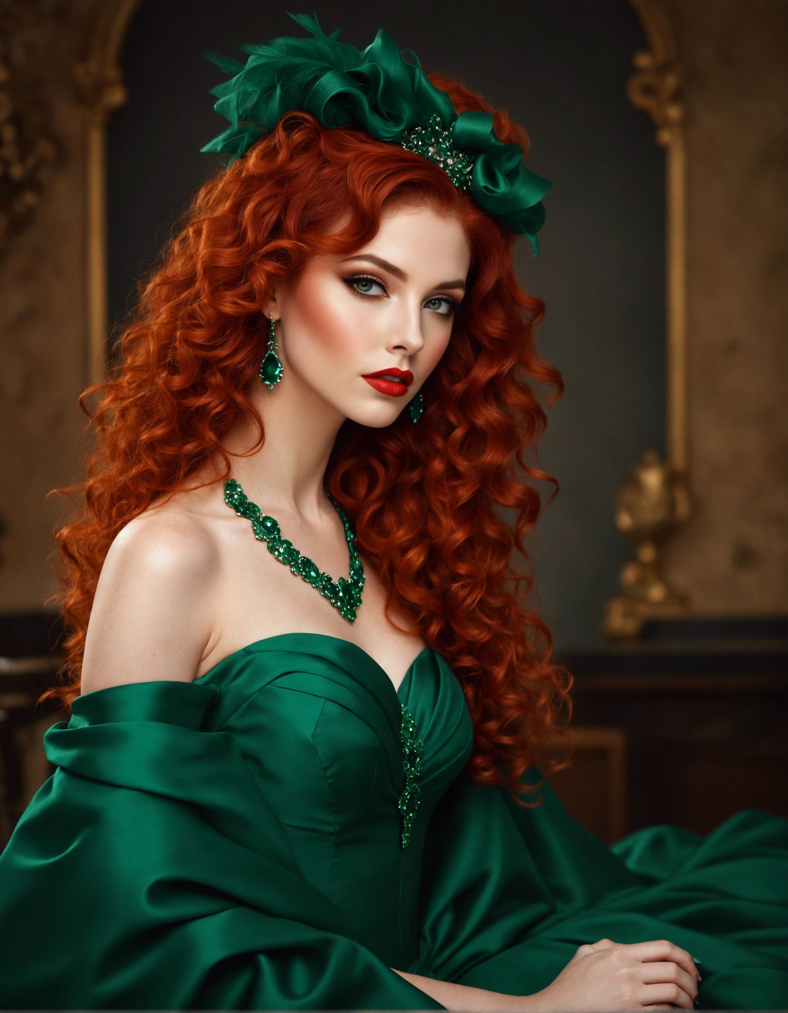 <lora:Soft:1.0> an elegant woman with fiery red hair styled in voluminous curls cascading down her shoulders. She has brown eyes and porcela...