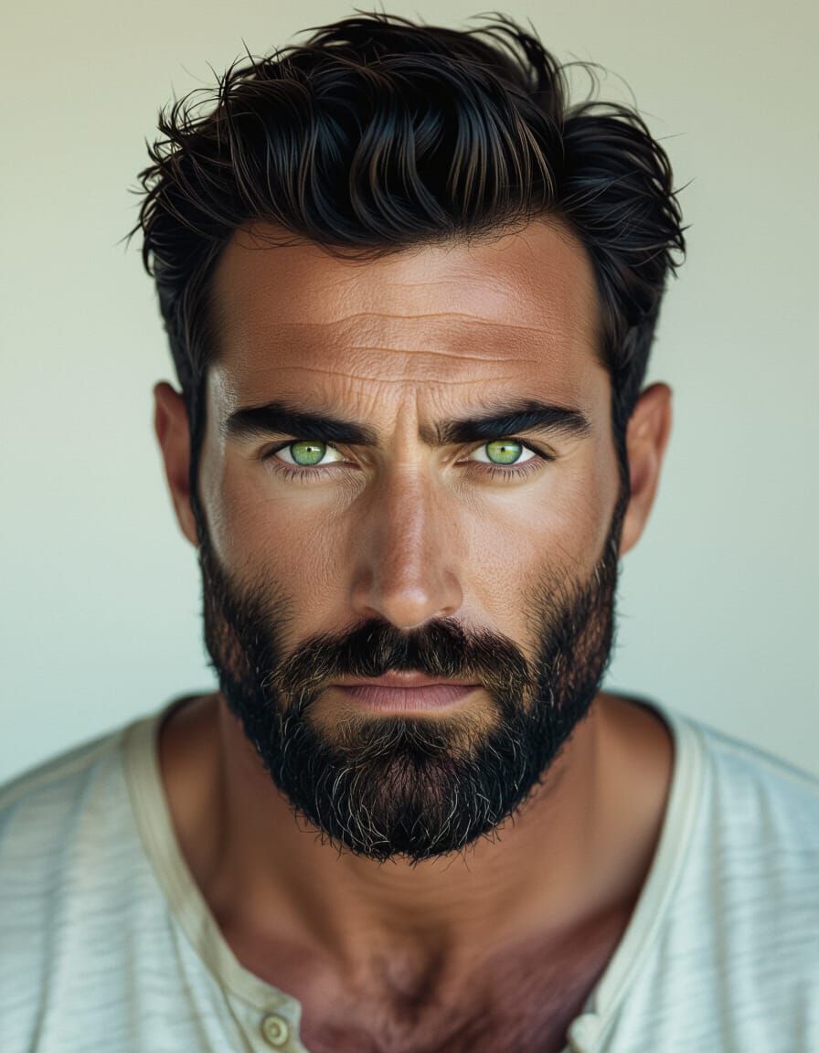 With striking features, a man gazes intensely at the viewer, his piercing green eyes contrasting sharply against his well-groomed, dark bear...