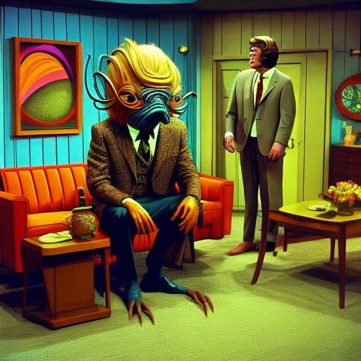 <lora:Pink Room SD15:1.0>
Candid Technicolor, 70's style surreal sitcom with a strange creature in vintage clothes.