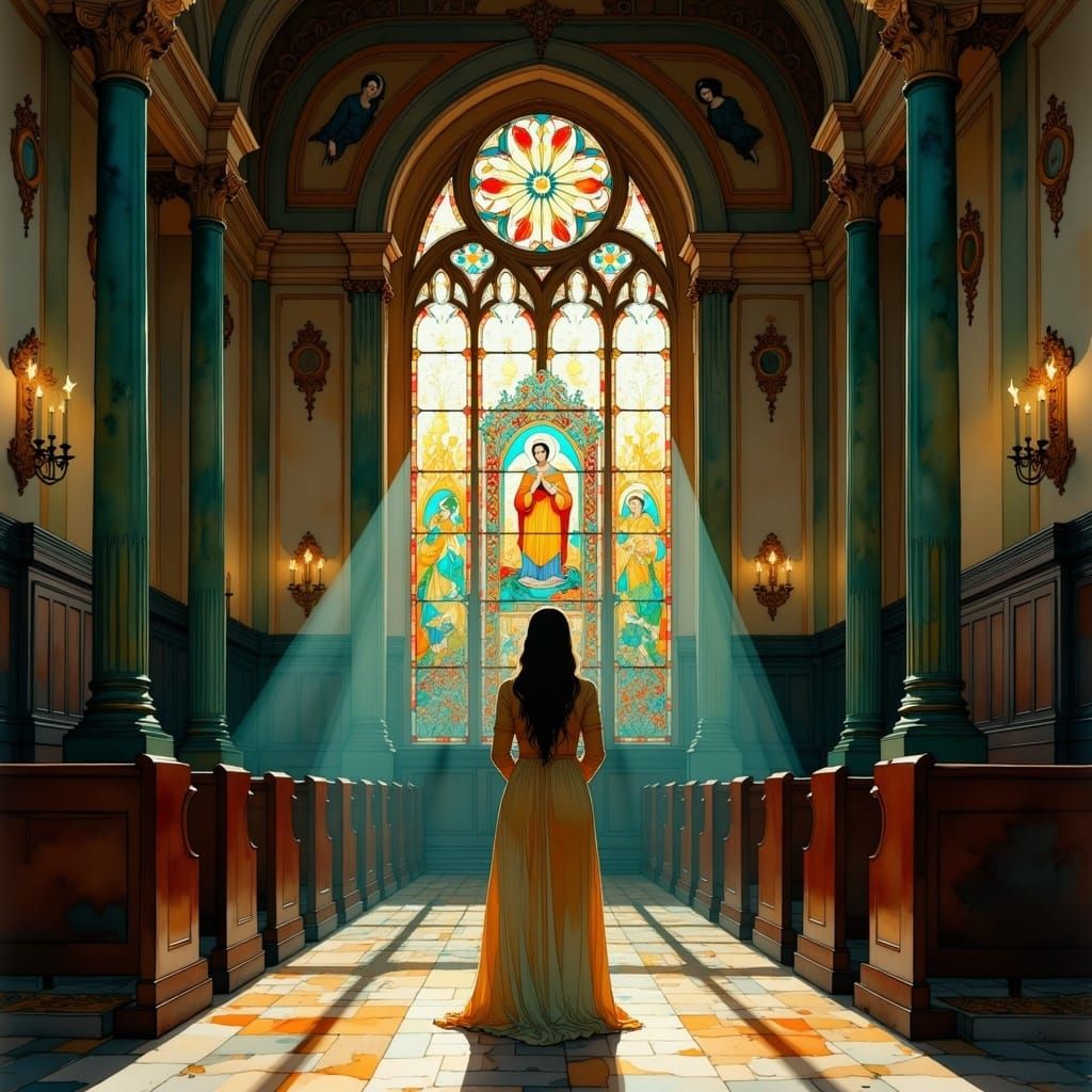 <lora:Dreamy watercolor:1.0> stained glas window in church,A woman stands in front of an icon and prays,high details,masterpiece,warm atmosp...