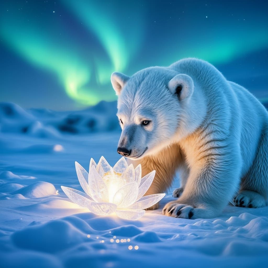 Polar bear cub discovering a frozen lotus flower (HiDream 1I Fast - Qwen Image Edit Plus - Clarity Upscale ...  by @Mak
