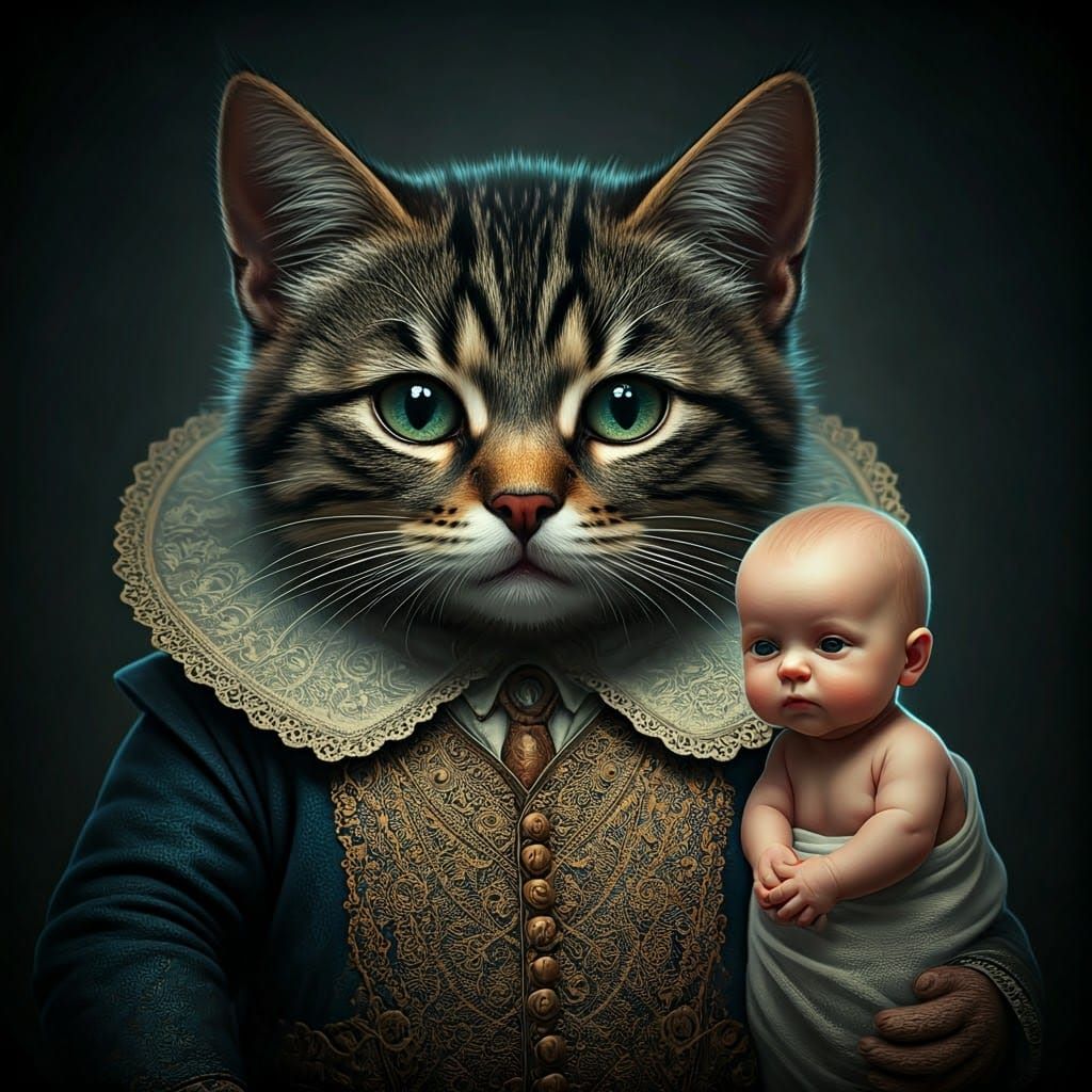 Hyper-Realistic Miniature Cat and Infant Portrait