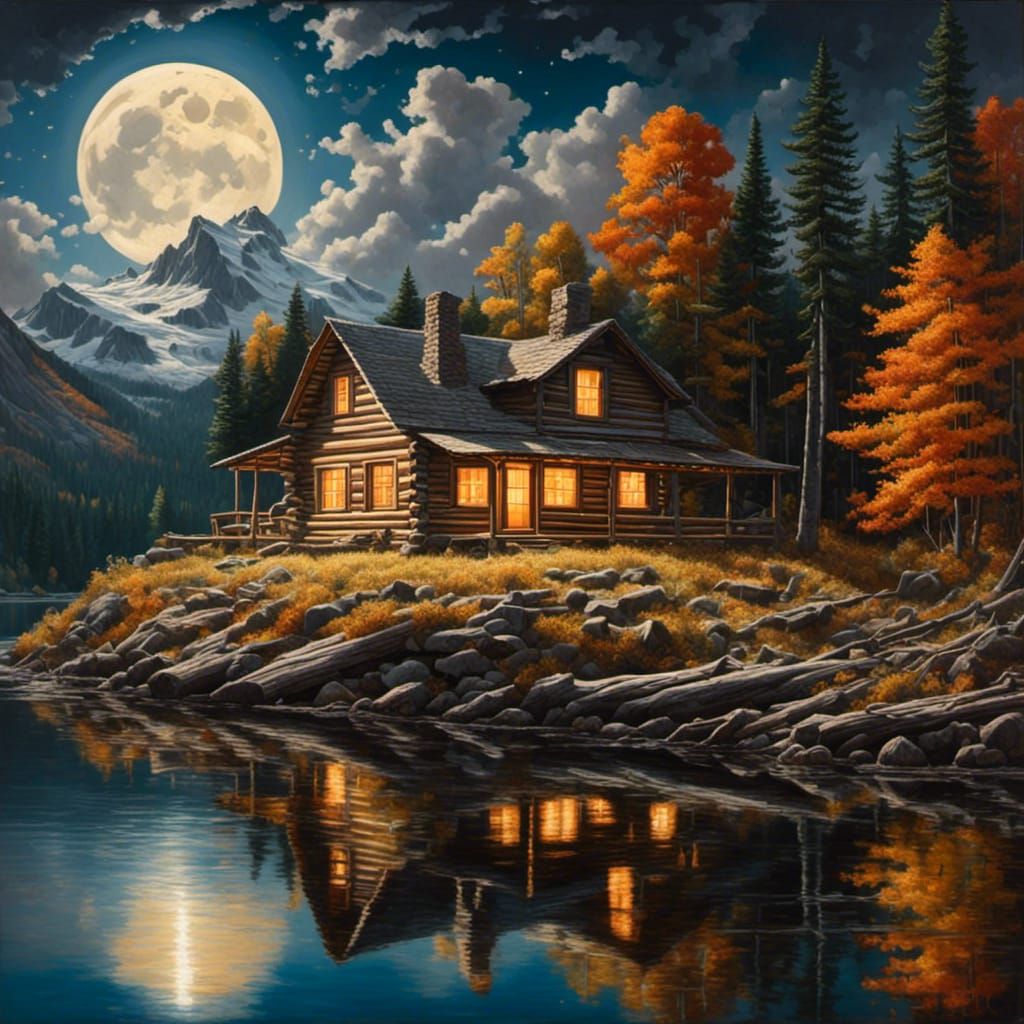 Hyper-detailed, hyper-realistic <lora:Varleyish:1.0> painting, of a log cabin overlooking an autumn lake under the full moon
