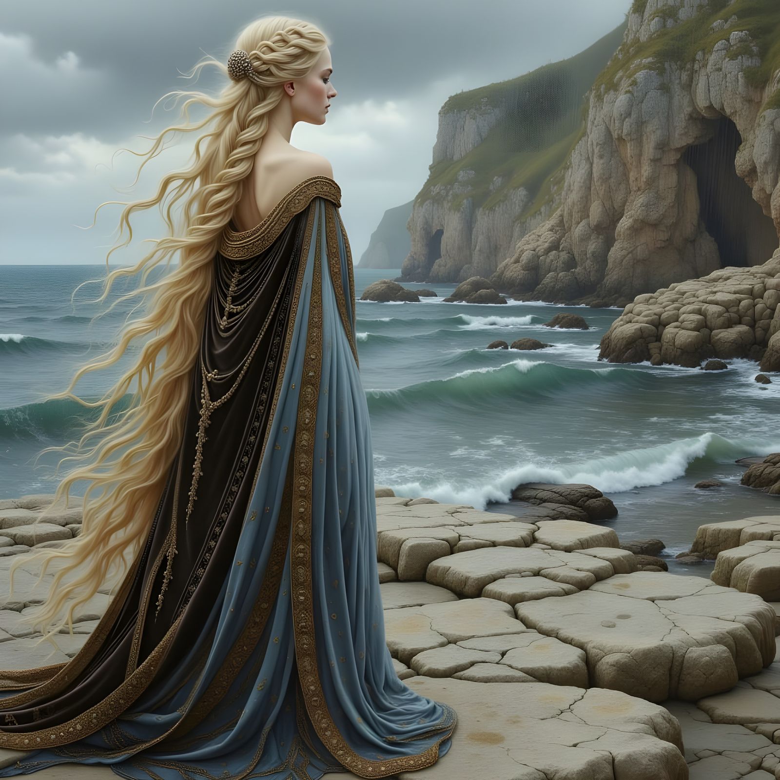 Celtic Beauty on Rocky Shore in Pre-Raphaelite Style