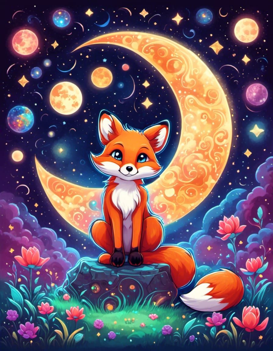 Chibi fox outside under the moon <lora:Psychedelic:1.0> Cosmic Illumination  