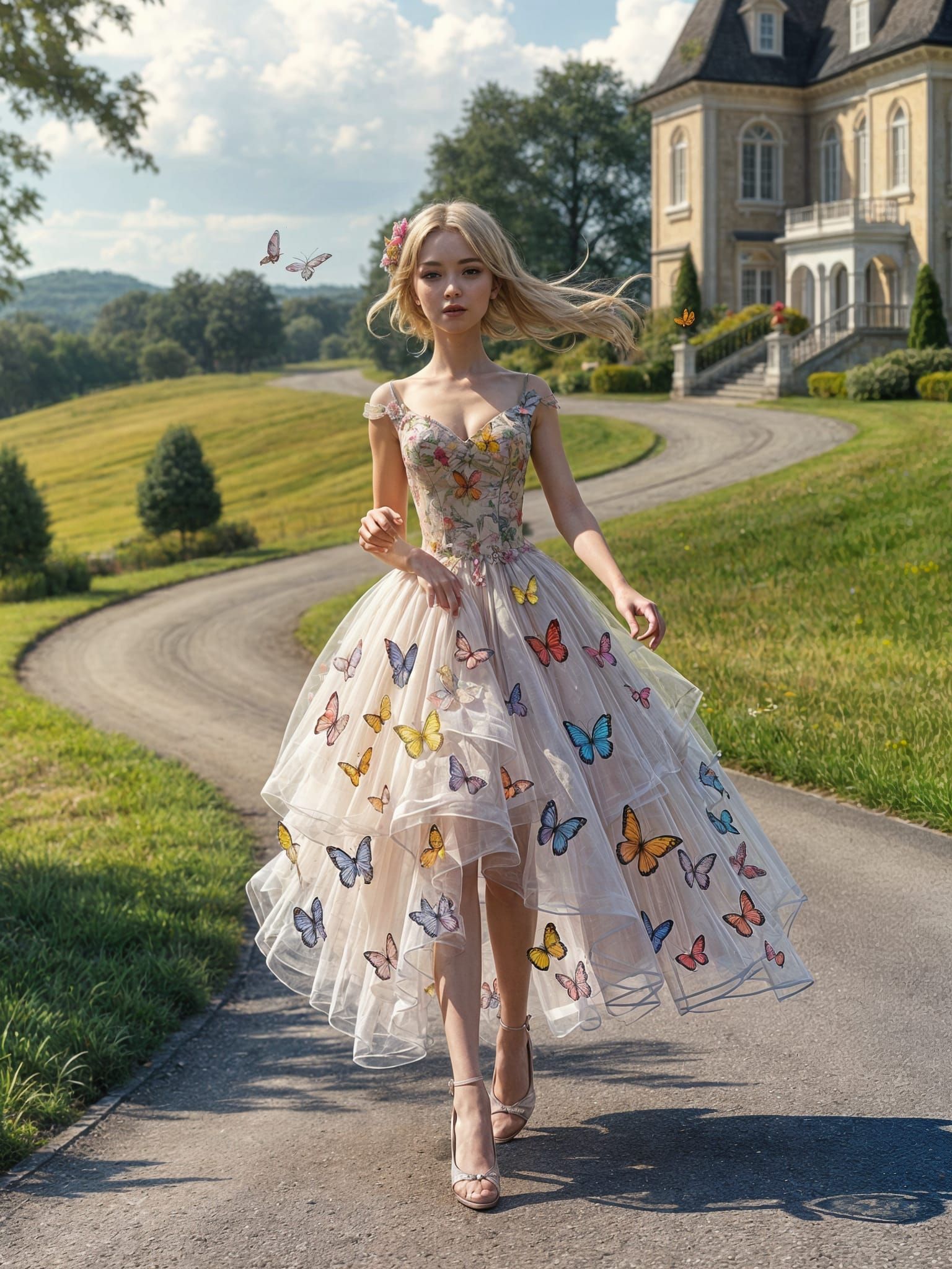 Glowing Ballerina Runs Along Winding Countryside Road