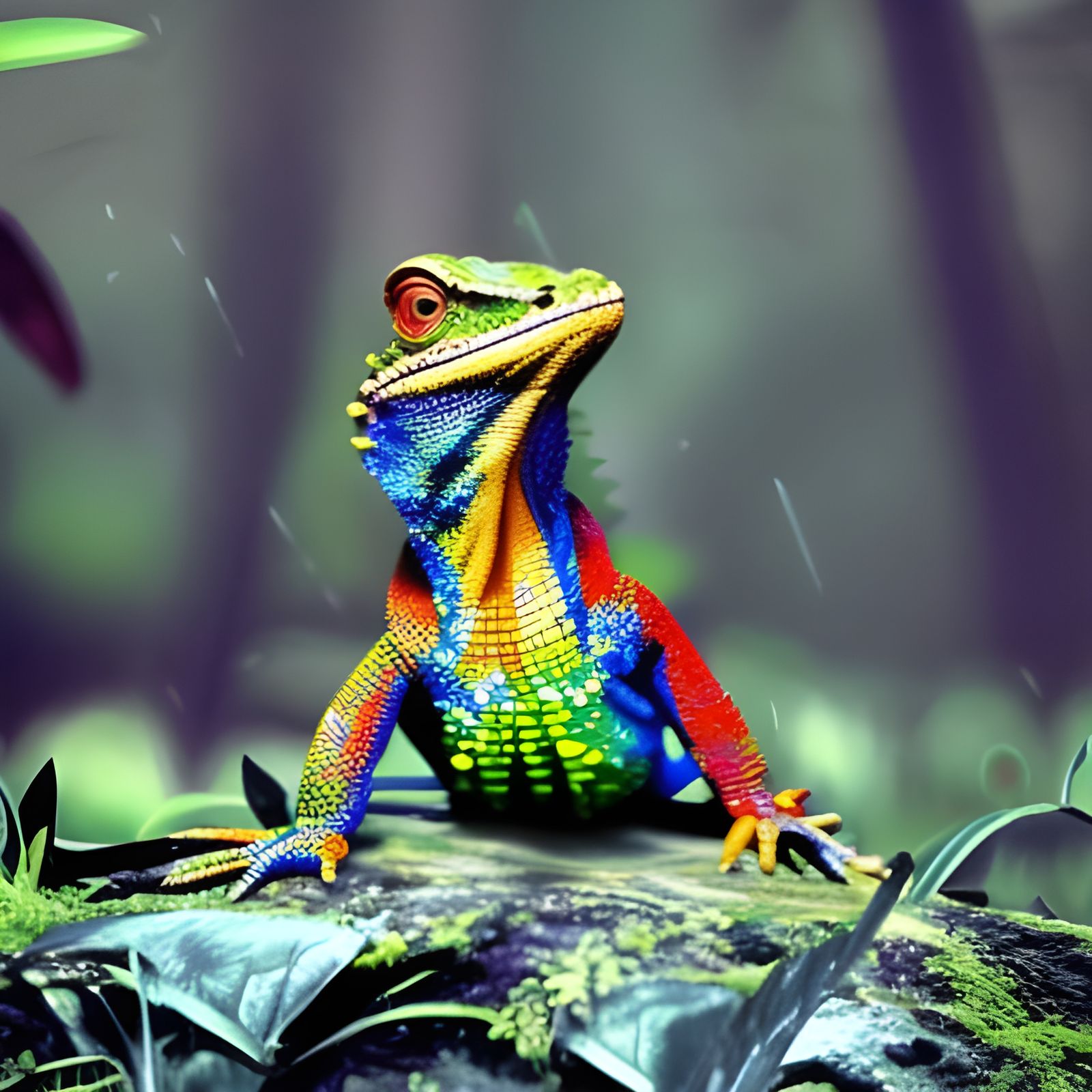 colorful lizard on a stone in the grass and among the leaves  by @Mila K