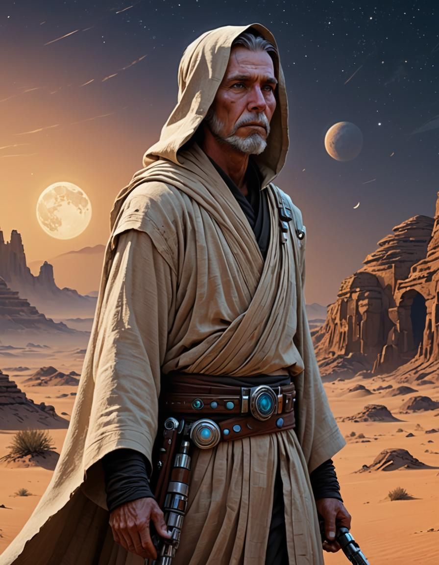 close up digital art of a mysterious Jedi mystic on Tatooine, 3/4 pose ...