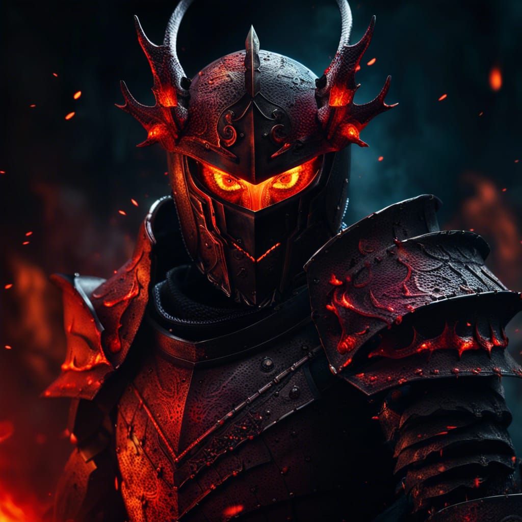 a fiery hell knight with red glowing eyes behind the visor w...