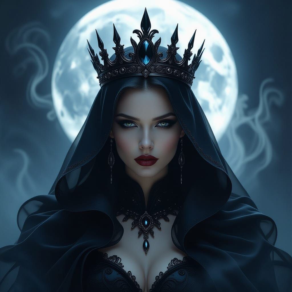 dark and mysterious queen cloaked in black smoke and moonlight. Her crown is made of obsidian, her presence silent yet powerful. Dark fantas...