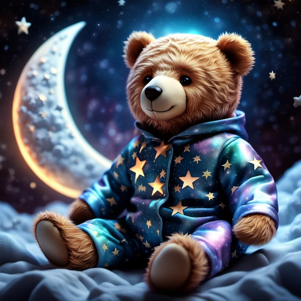a cute and beautiful teddy bear sitting on the waning moon and wearing iridescent star patterned pajamas ...  by @Andréa Suely