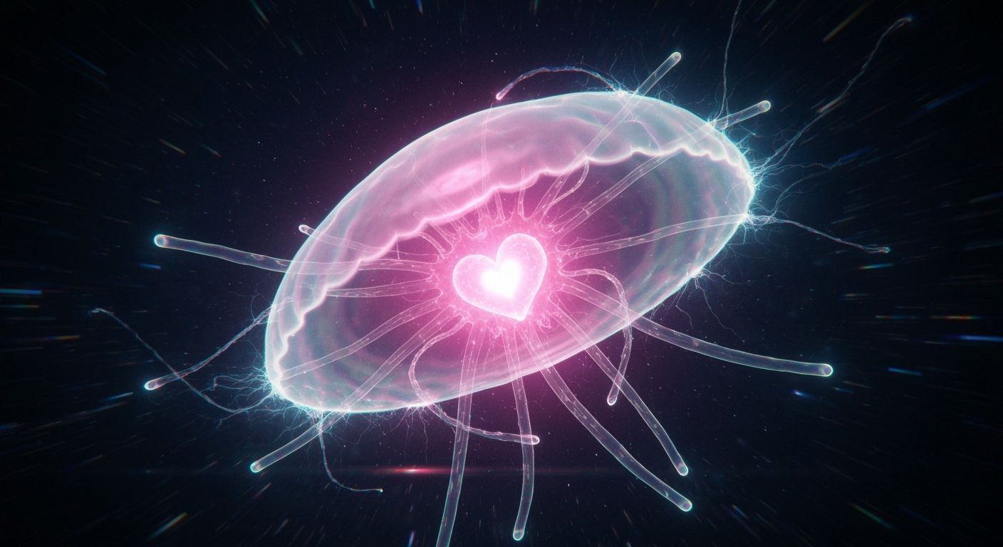 A partially translucent biological UFO floating in a night sky. The object resembles a jellyfish or deep-sea creature with an organic, soft ...