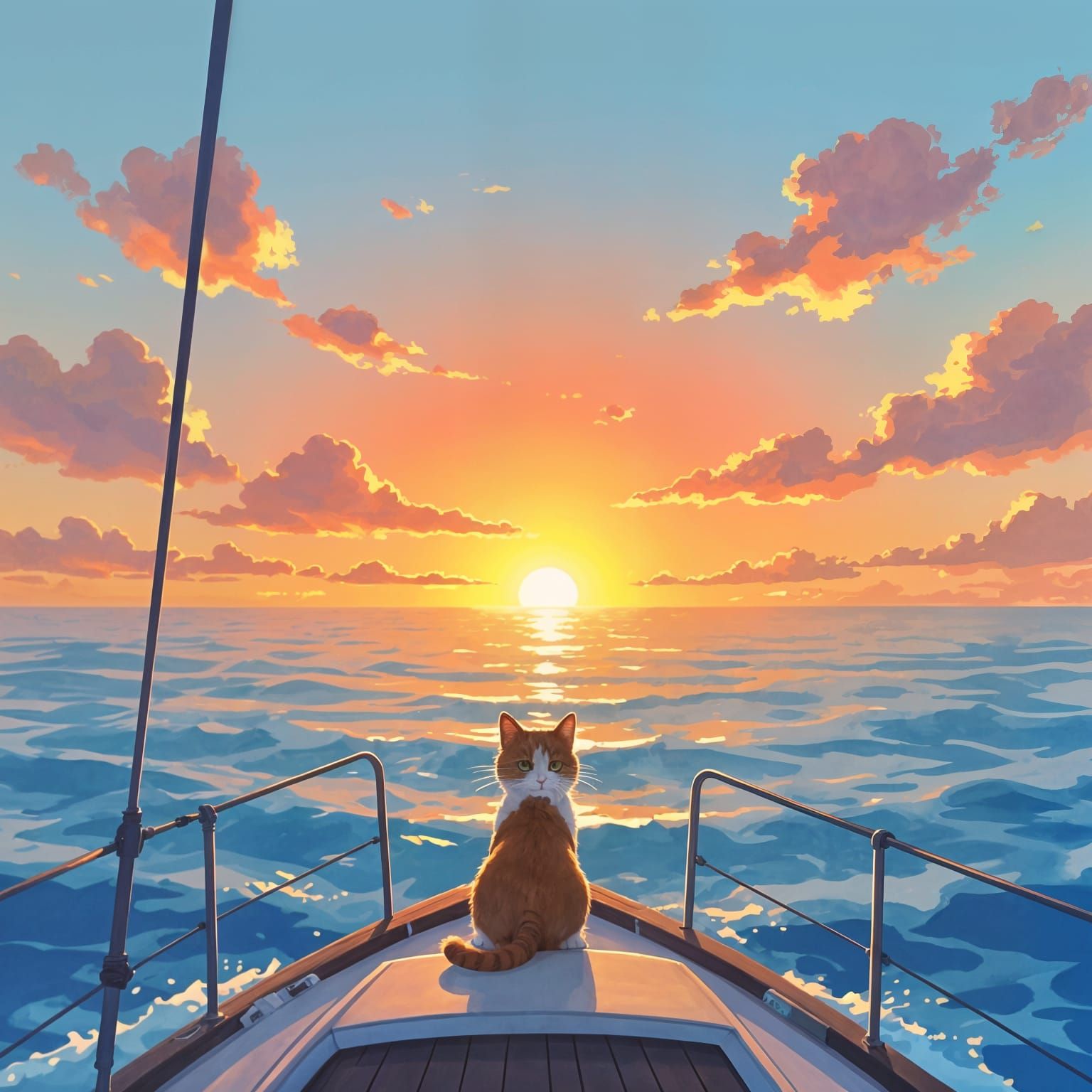 Watercolor animation a sail boat in the ocean. blue ocean. a smal cat sits at the edge and looks at the sunset on the ocean. sun is setting ...