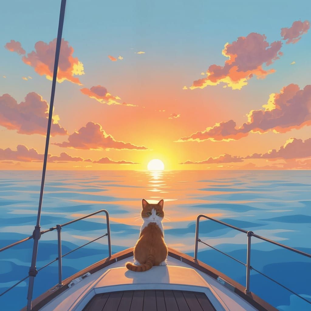 Watercolor animation a sail boat in the ocean. blue ocean. a smal cat sits at the edge and looks at the sunset on the ocean. sun is setting ...