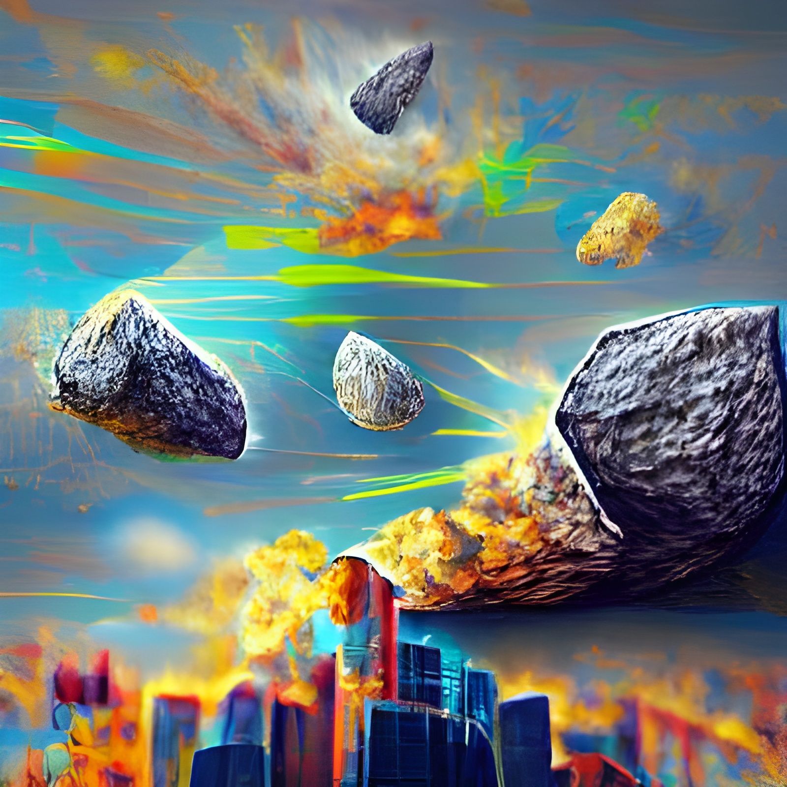 An asteroid is about to crash into a skyscraper in a busy ci...
