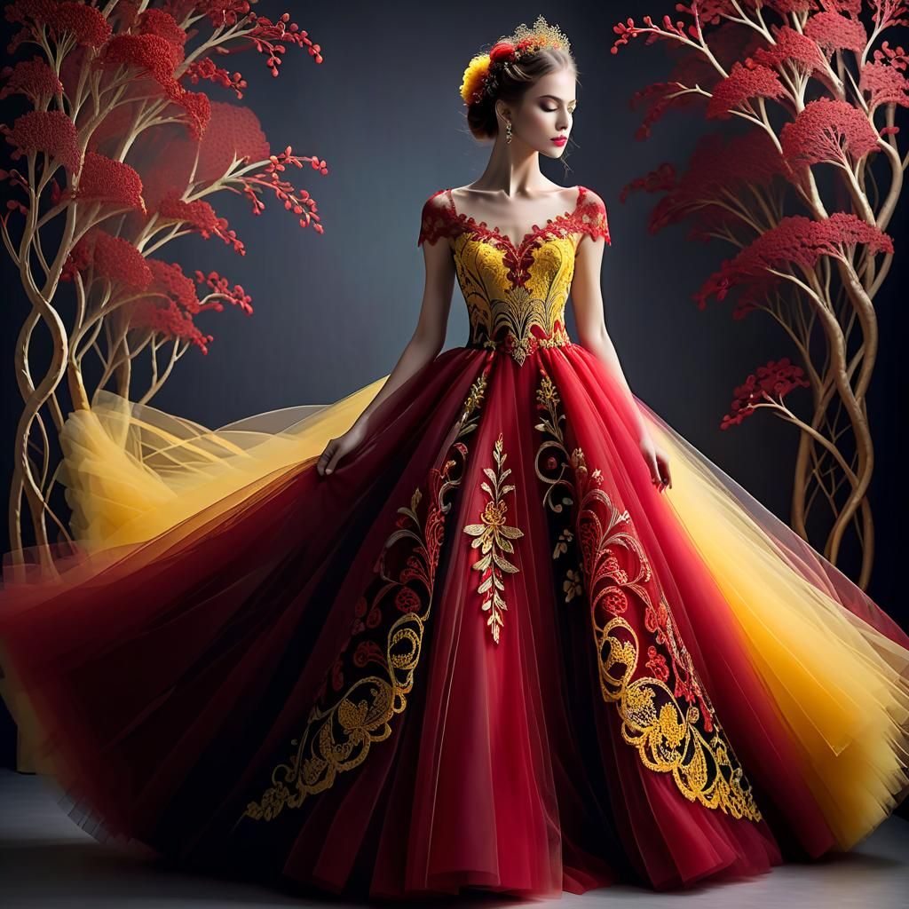 Design a long tulle dress wearing by a woman model, red and yellow, intricated details,  filigree,  zentangle, ...  by @Wesly 