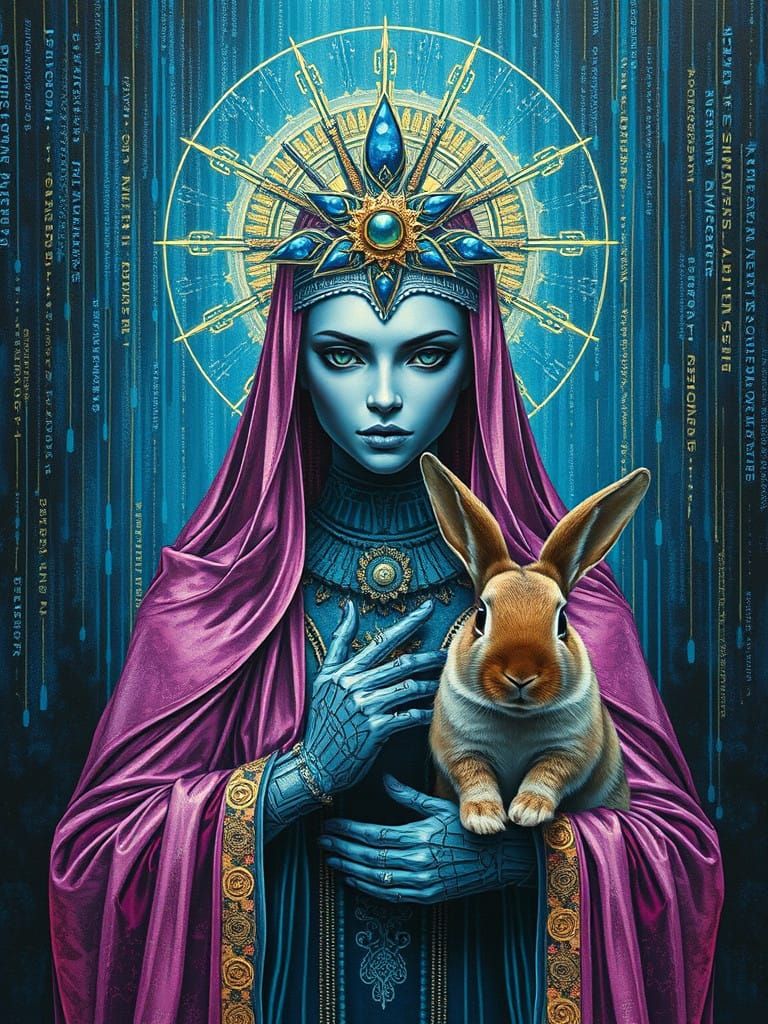 digital AI priestess, sapphire Matrix, metallic acrylic, Burtonesque Guerrilla Girls, pet rabbit, newspaper collage  by @somniamea