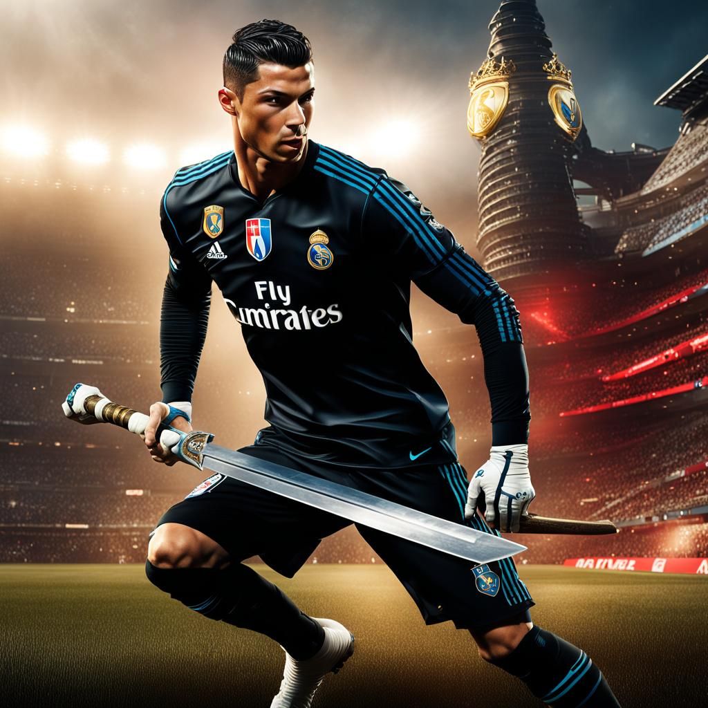 Cristiano Ronaldo in the Black Real Madrid outfit with a swo...