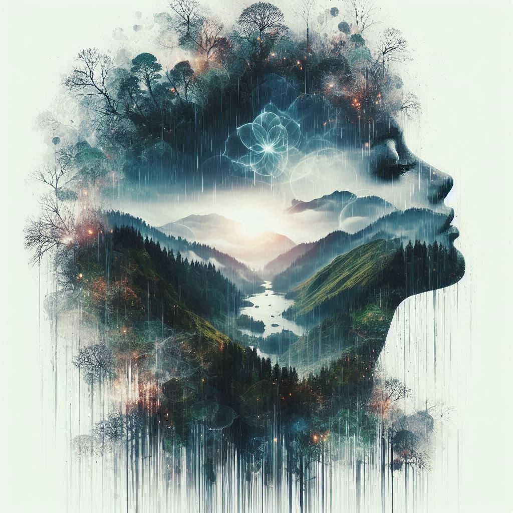 double exposure beautiful fantasy DALL-E 3 portrait landscape..