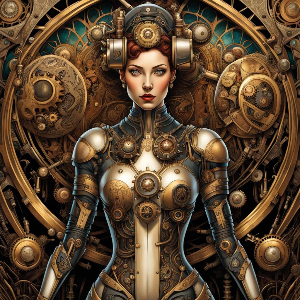 Female, steampunk cyborg shown from thighs up. Instead of cl...