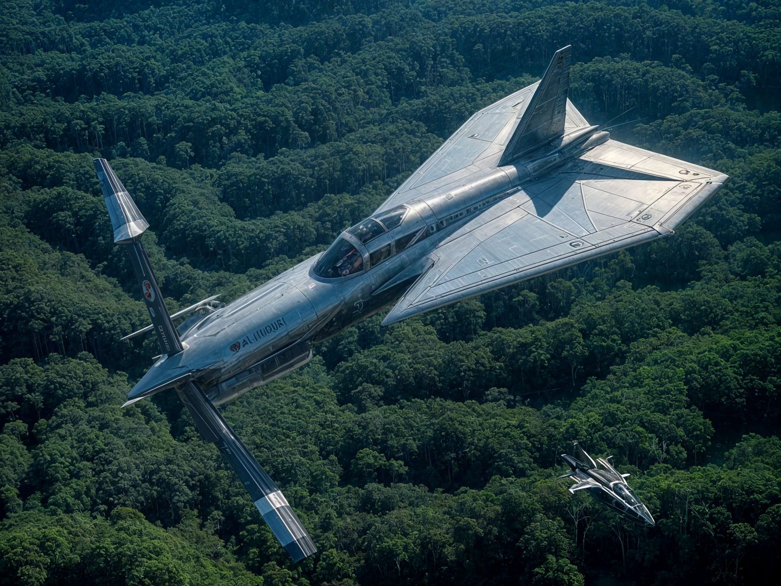 A futuristic aircraft over the Amazon