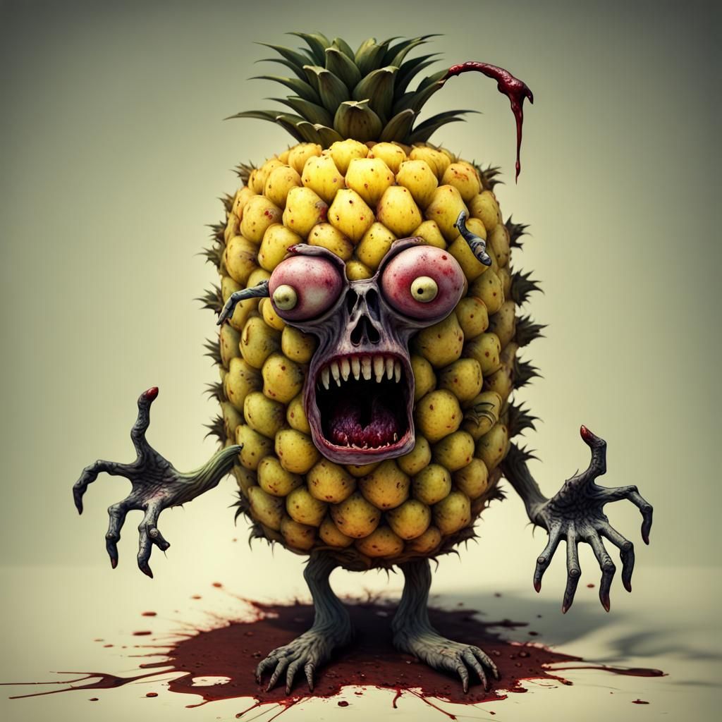 Zombie pinapple with arms and legs among other zombie fruit,...