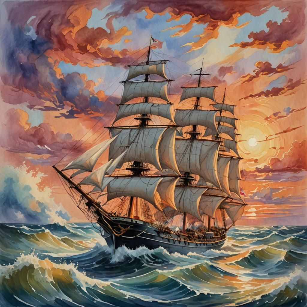 Seascape Painting of Sailing Ship in Impressionist Style