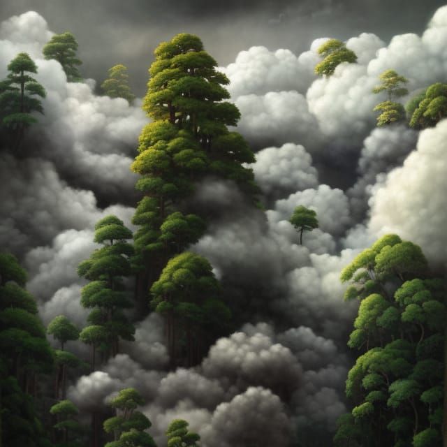 Ominous clouds suffocating a fantasy forest filled with giant trees undefined