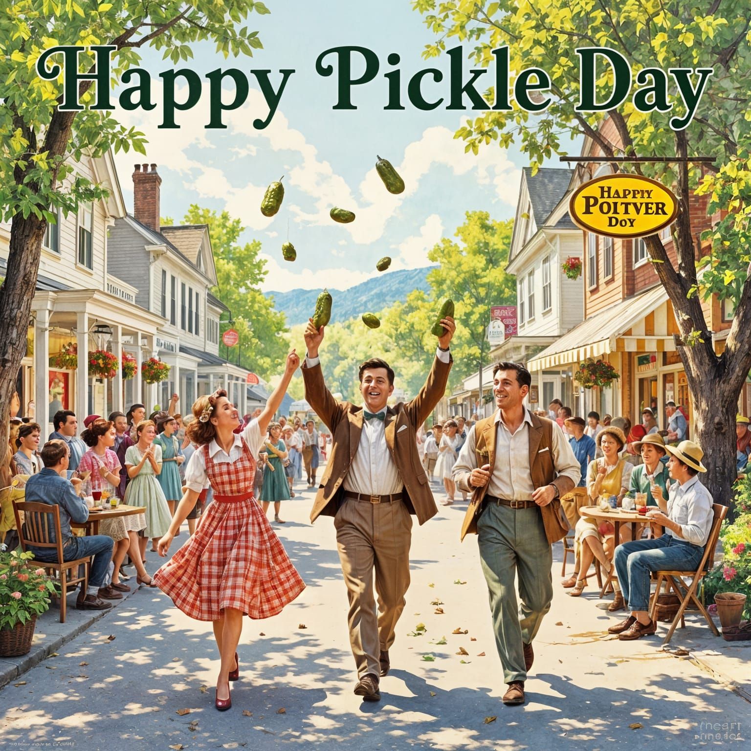 Happy pickle day celebration small town Norman Rockwell pickle day poster art illustration   by @Rocks