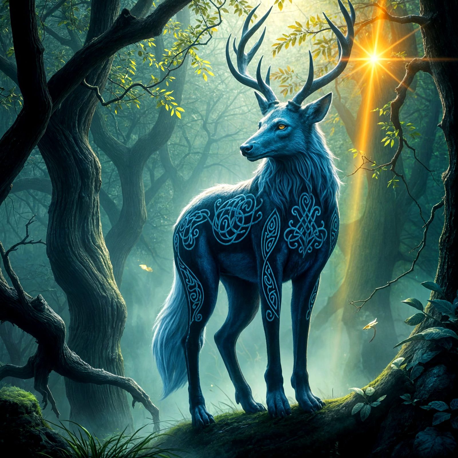 Mystical Celtic Creature in Misty Forest Glade