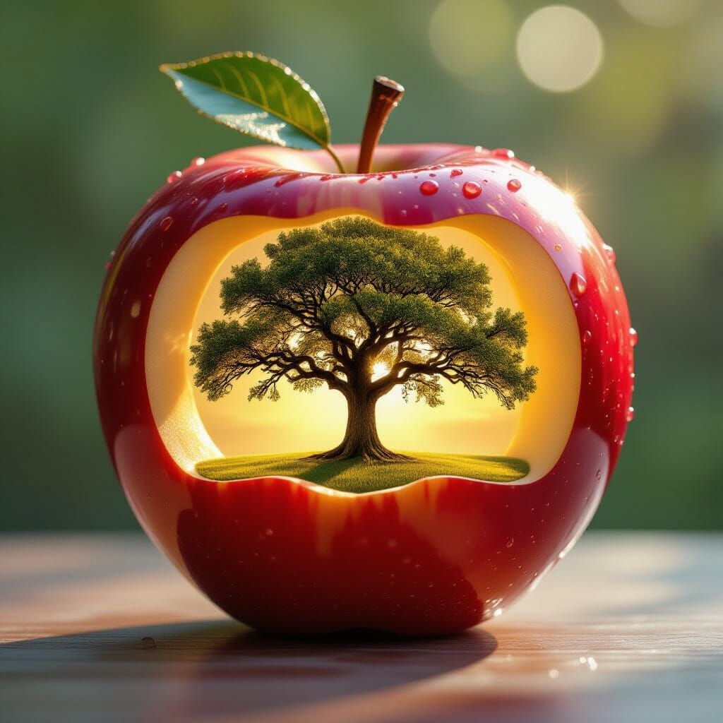 Oak Tree Within Glowing Apple, Surreal Digital Painting
