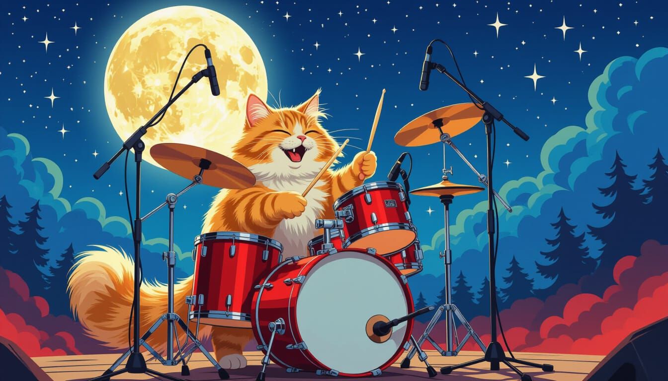 A cat PLAYING A DRUM SET TO A HEAVY METAL SONG UNDER A FULL MOON IN A STARLIT SKY  by @jeduardocwb