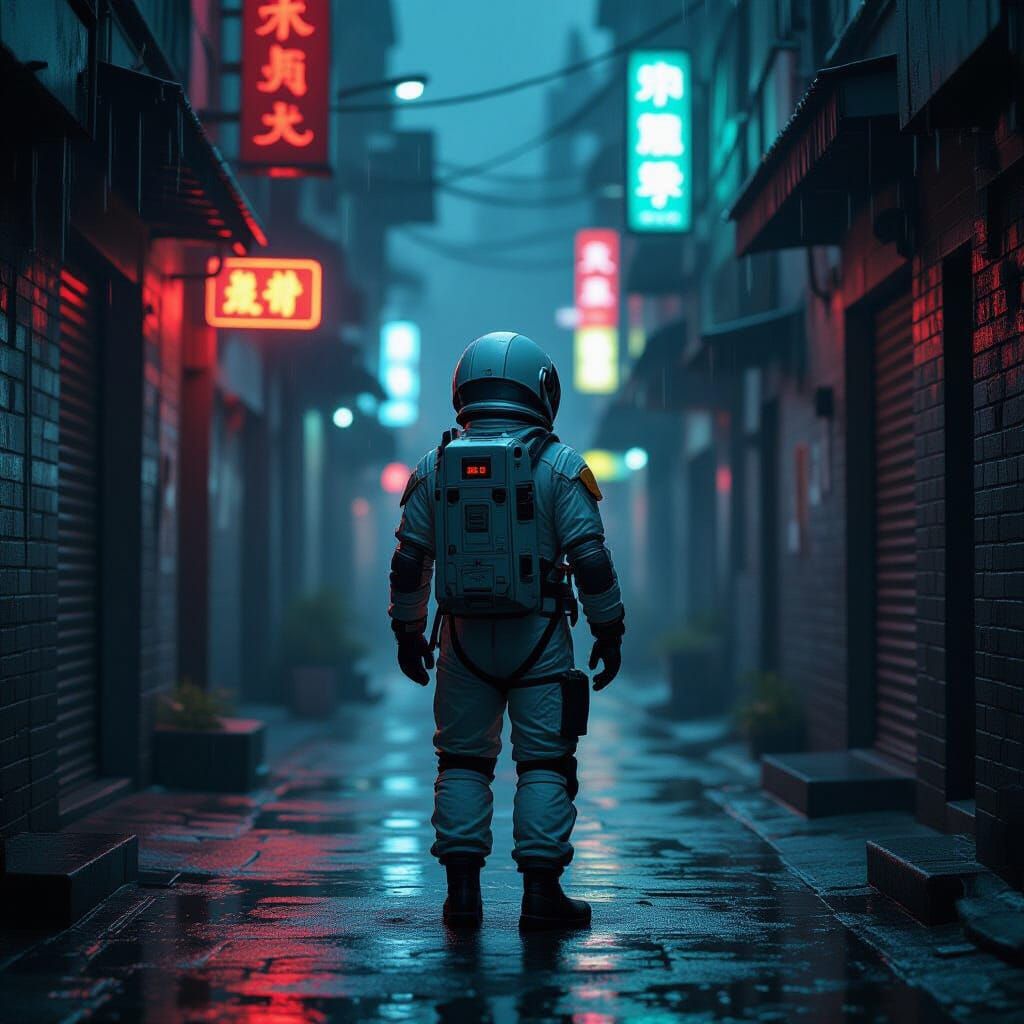 Retro Astronaut in Grimy Alien Alleyway