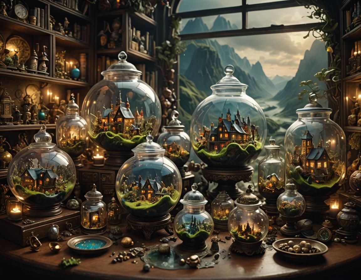 miniature world contained within glass vessels, Epic cinemat...